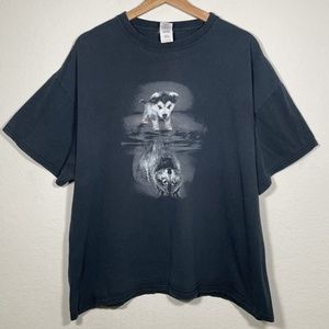 Vintage Black Cotton Wolf Reflection Y2K Graphic Crew Neck T Shirt Men Size 2XL